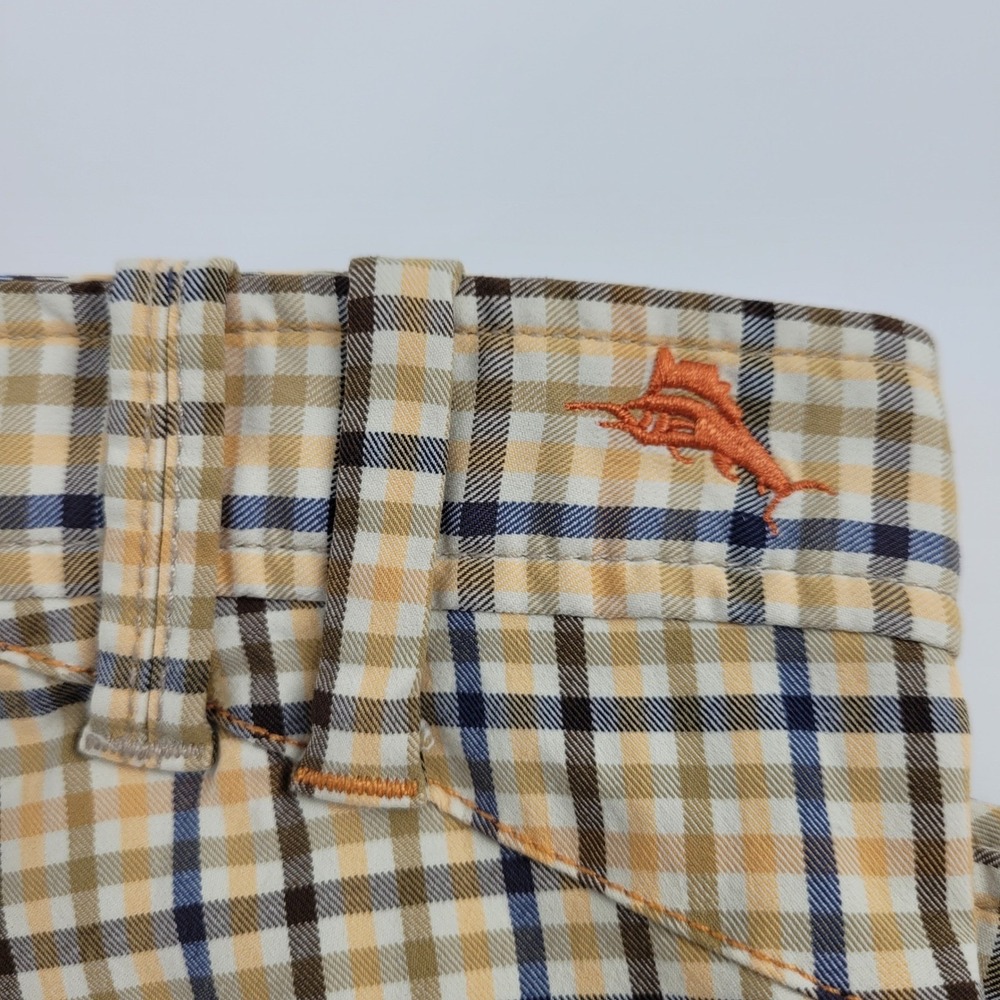 Tommy Bahama Mens 38 Plaid Tech Shorts Tan Blue Orange Stretch Marlin Golf - Picture 9 of 11